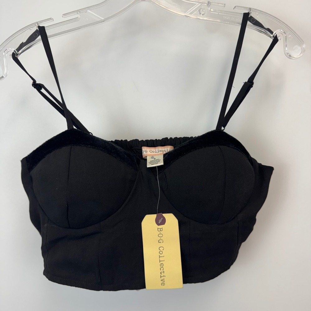 BOG Collective Black Bustier Crop Top Velvet Trim Smocked Back Medium NWT